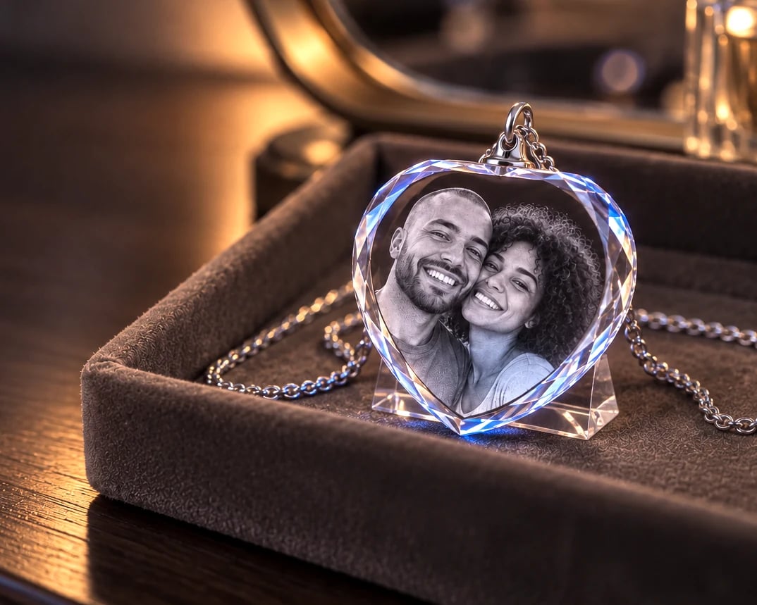 Heart crystal necklace with a couple's portrait on a jewelry tray