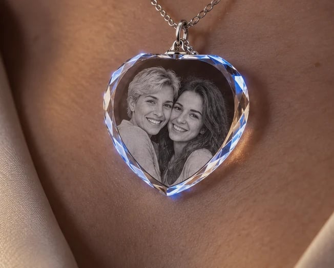 Heart crystal necklace with a mother and daughter worn with a silk blouse