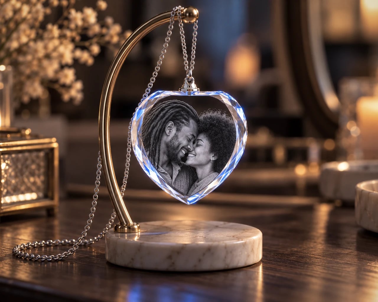 Heart crystal necklace with a couple's portrait on a jewelry stand