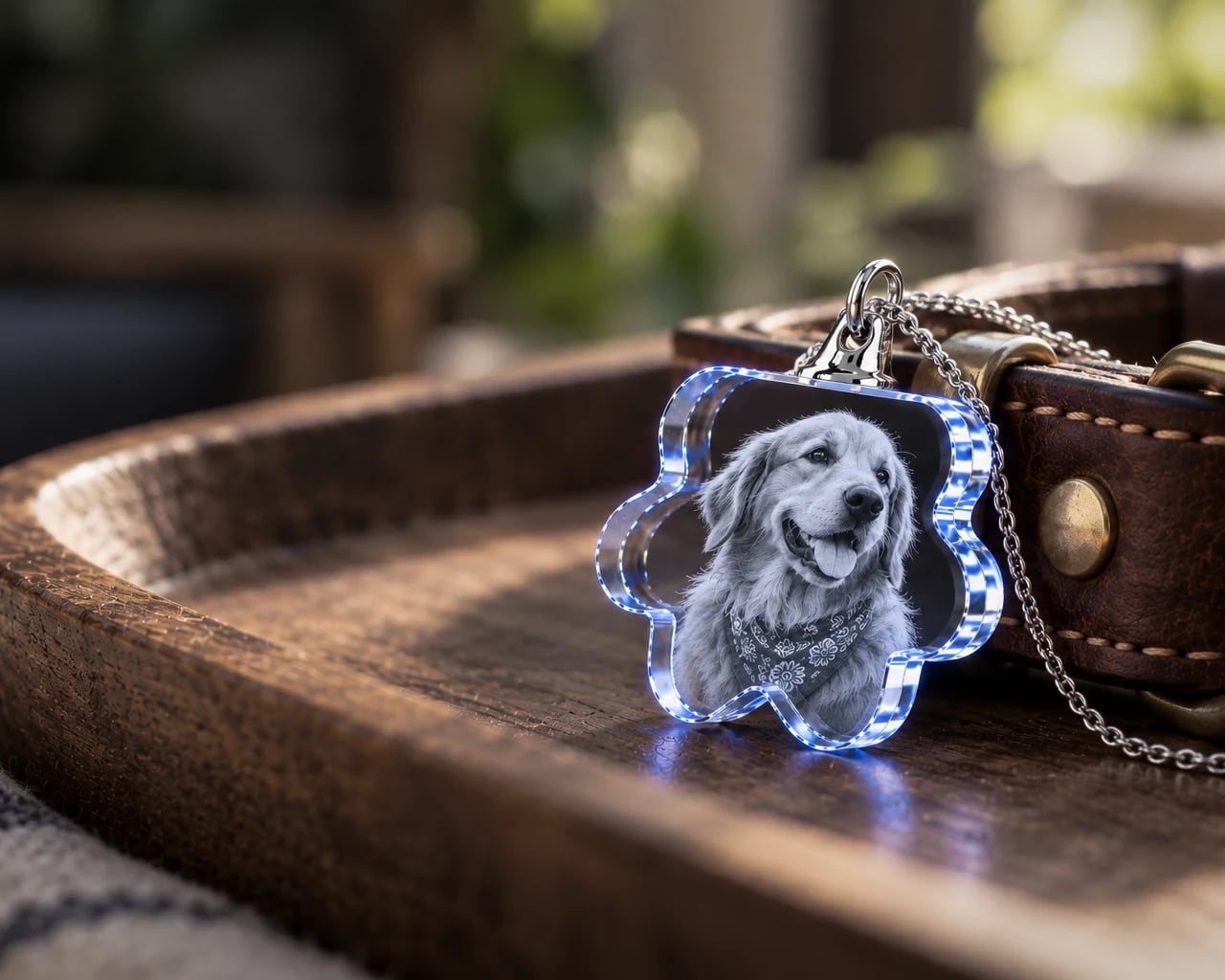 Paw crystal necklace with a golden retriever portrait next to a leather dog collar