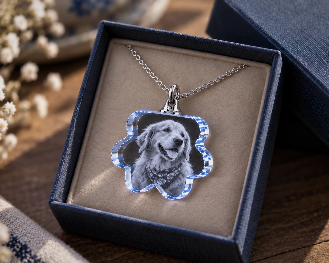Paw crystal necklace with a golden retriever portrait in a gift box