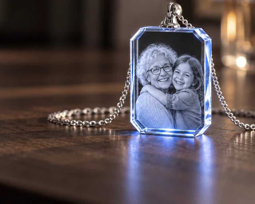Rectangle crystal necklace with a grandmother and granddaughter on a dressing table
