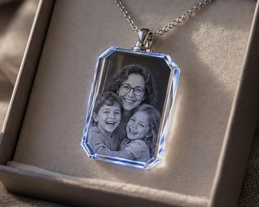 Rectangle crystal necklace with a family portrait in a gift box