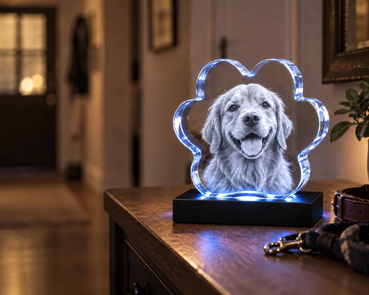 Paw crystal with a golden retriever portrait on a hallway console