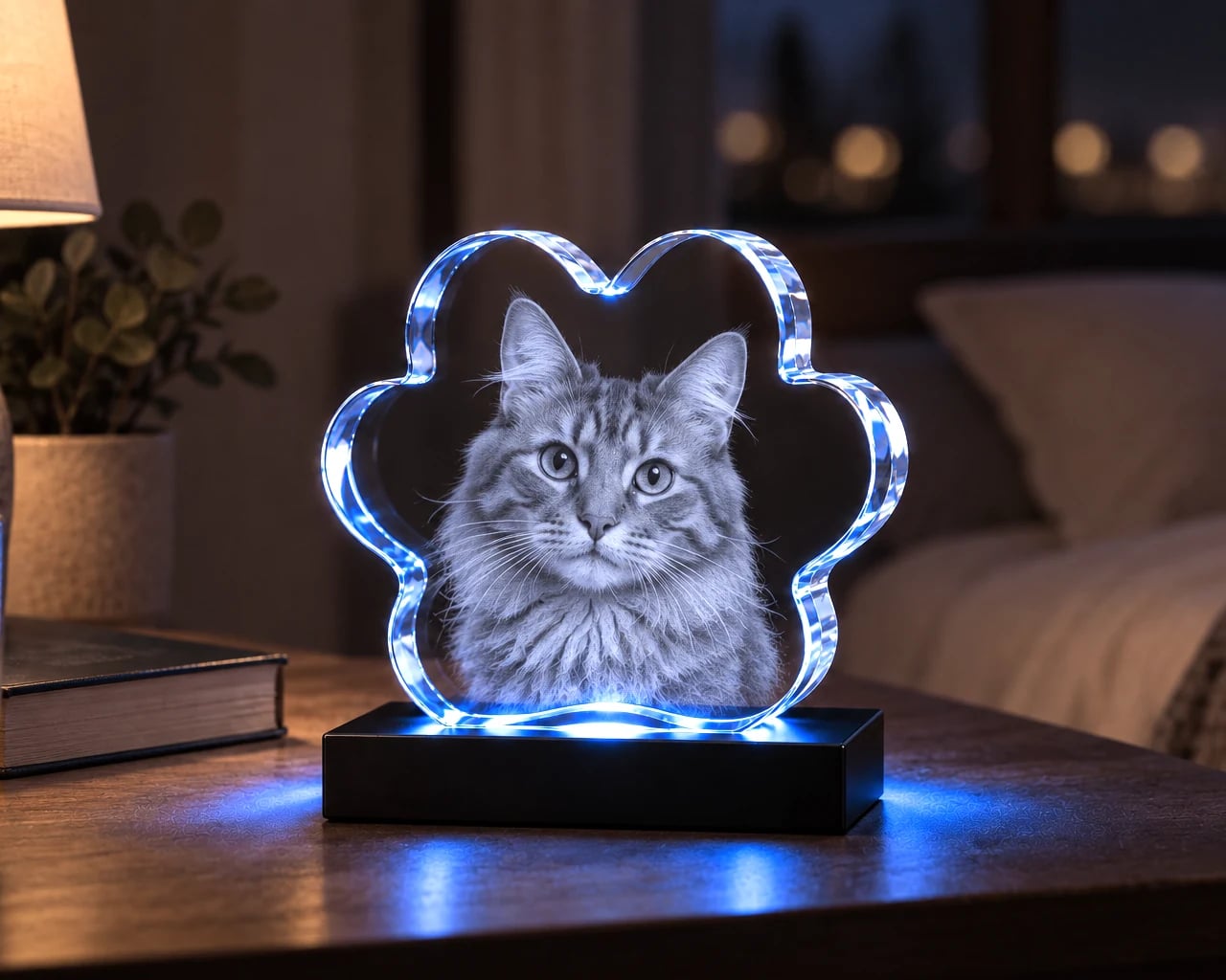 Paw crystal with a cat portrait on a bedside table