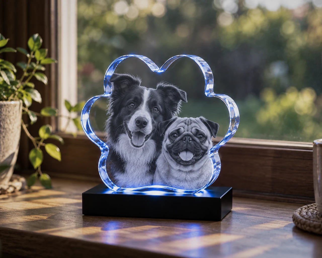 Paw crystal with two dogs on a sunny window sill