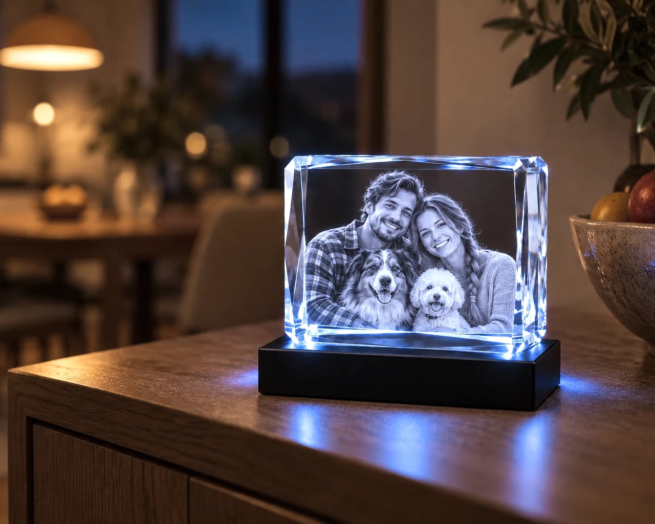 Landscape beveled rectangle crystal with a couple and their two dogs on a sideboard