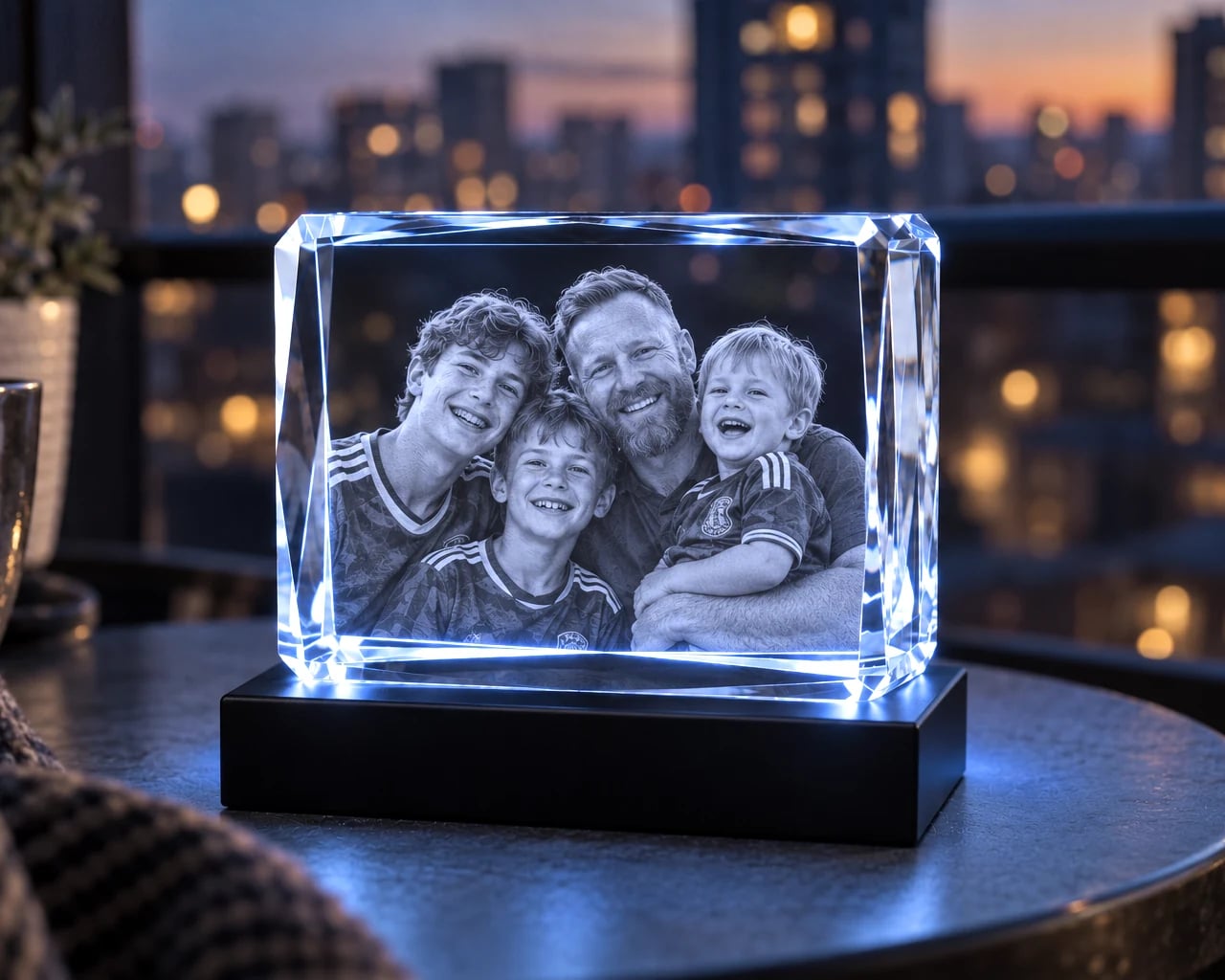 Landscape beveled rectangle crystal with a father and three kids on a balcony table at dusk