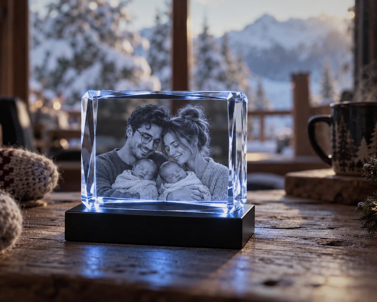 Landscape beveled rectangle crystal with parents and a newborn by a snowy window