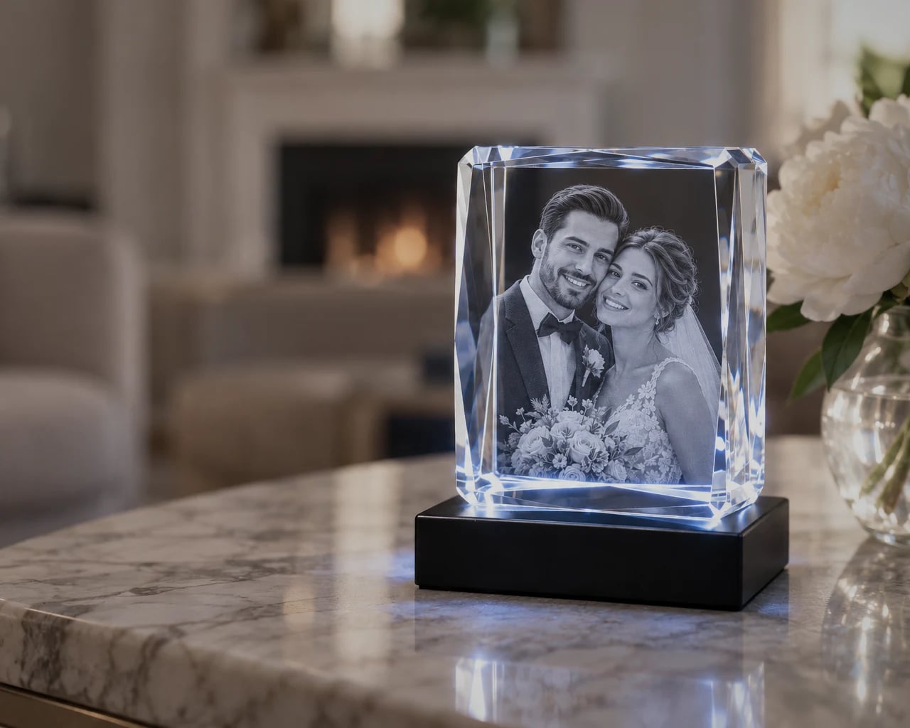 Beveled rectangle crystal with a wedding portrait in a bright living room