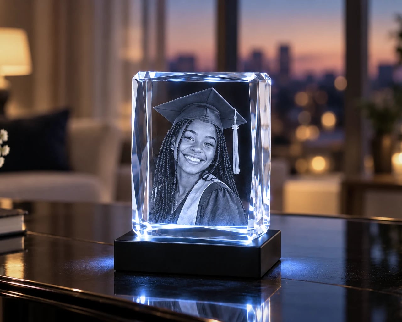 Beveled rectangle crystal with a graduate's portrait on a piano at dusk