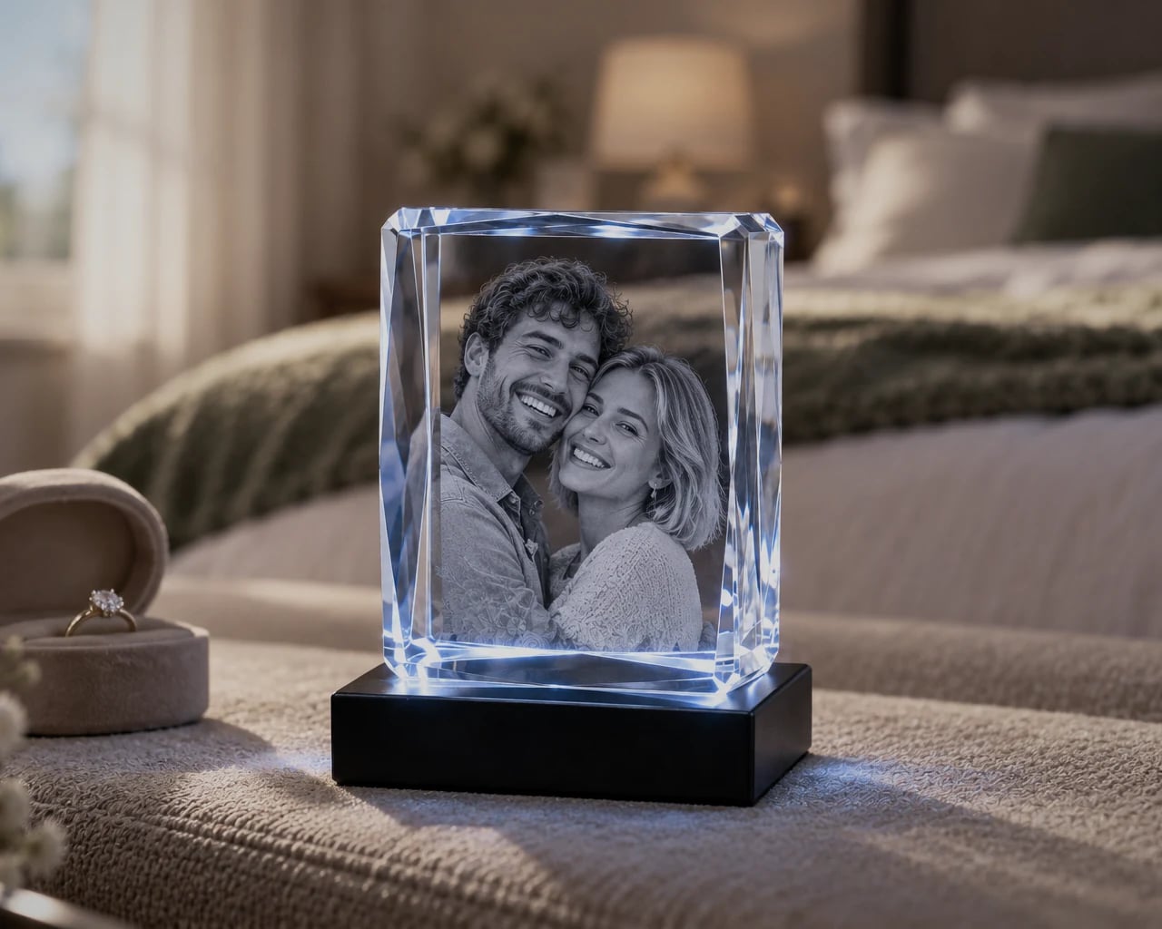 Beveled rectangle crystal with a couple's portrait in a bedroom