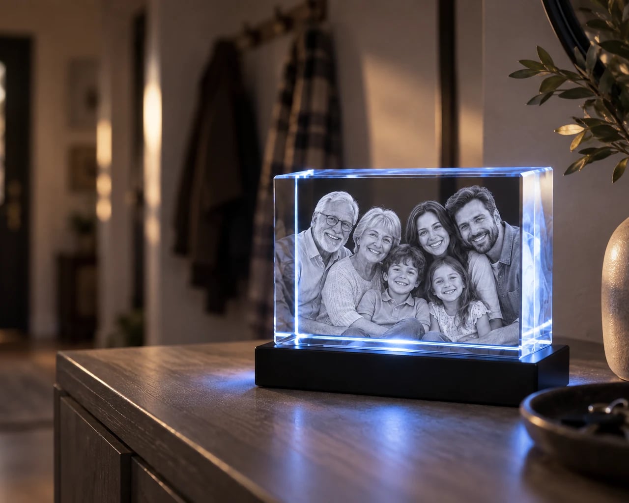 Landscape rectangle crystal with three generations of a family on a hallway console