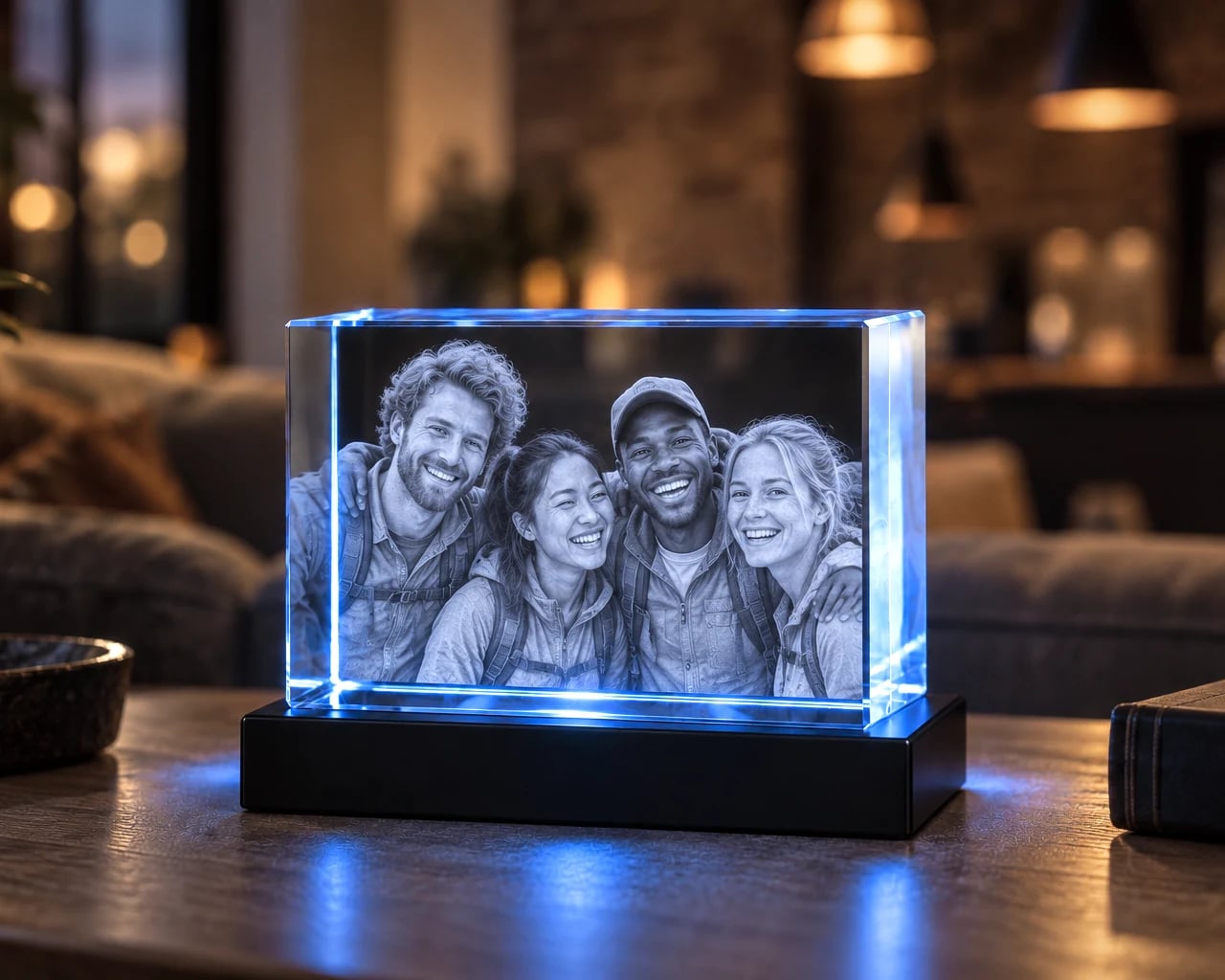 Landscape rectangle crystal with four friends on a living room table