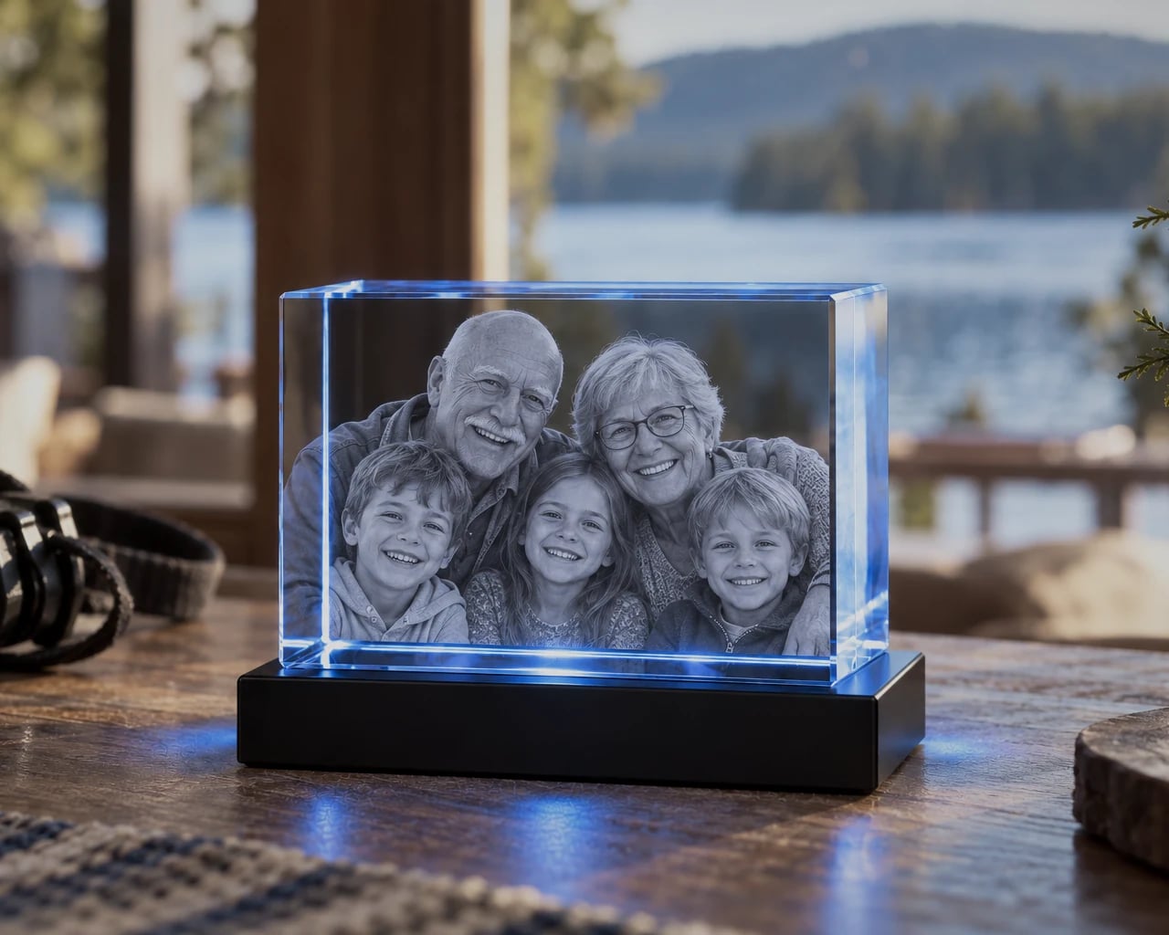 Landscape rectangle crystal with grandparents and grandchildren by a lake window