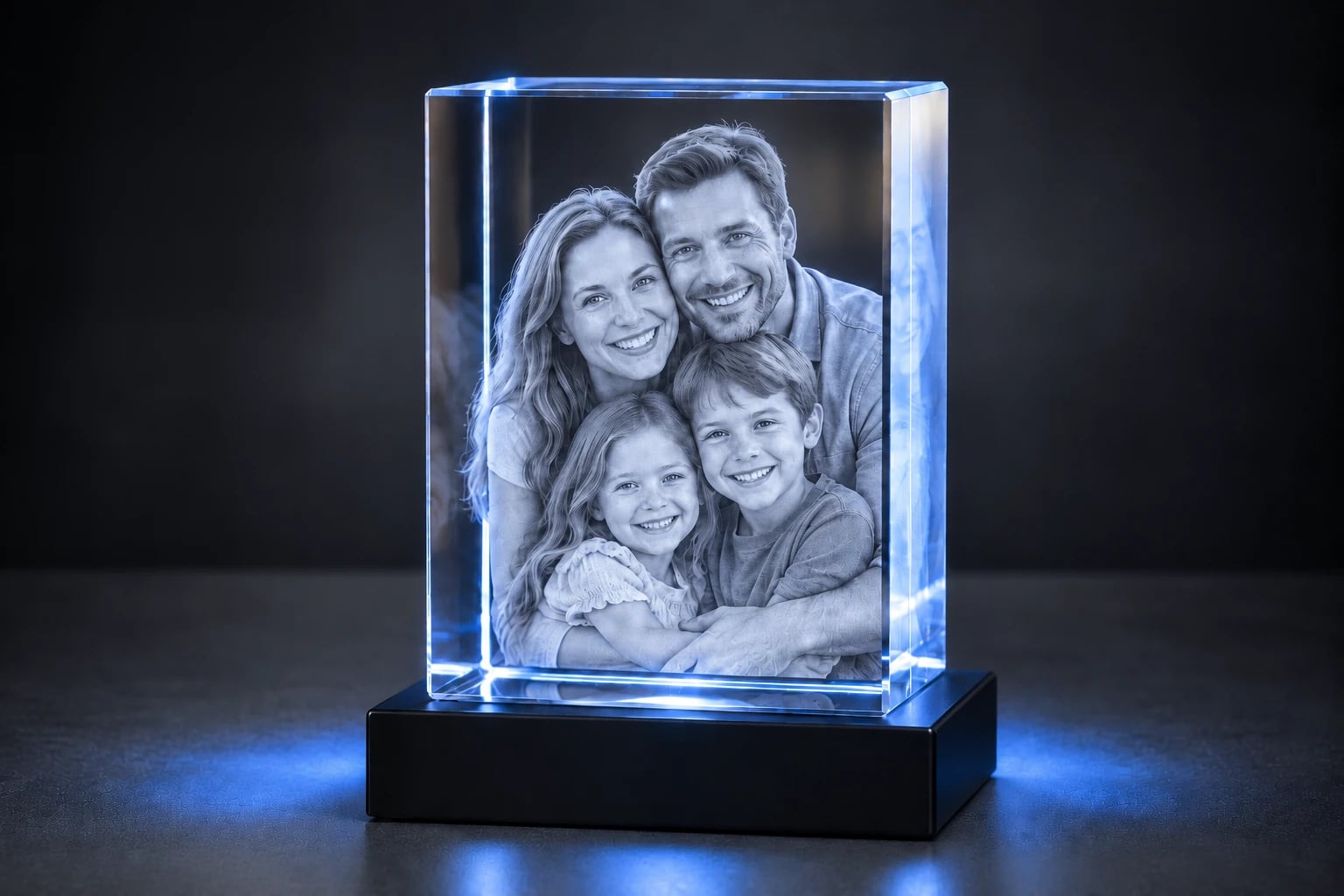 A rectangle photo crystal lit from below