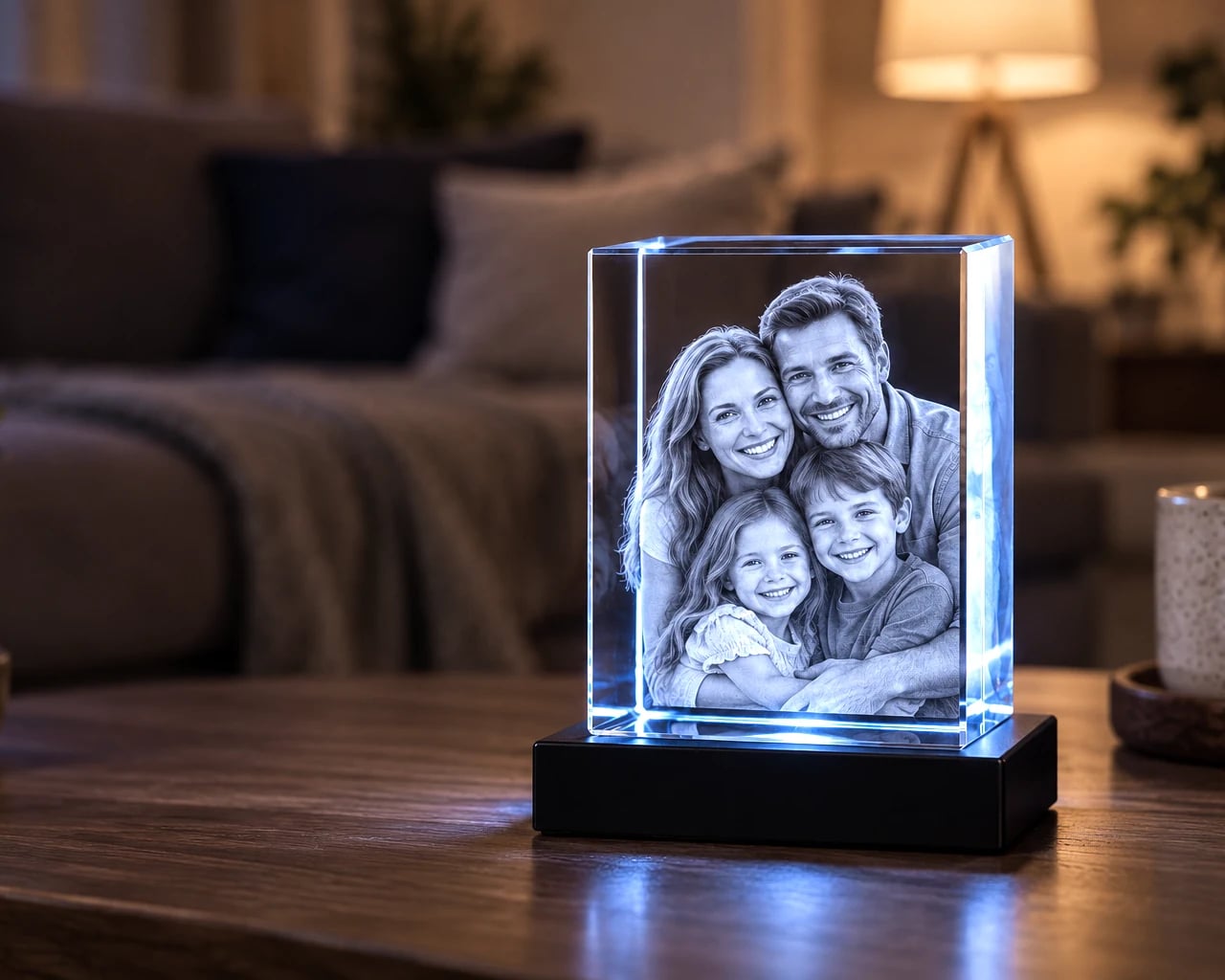 Rectangle crystal with a family portrait on a living room table in the evening