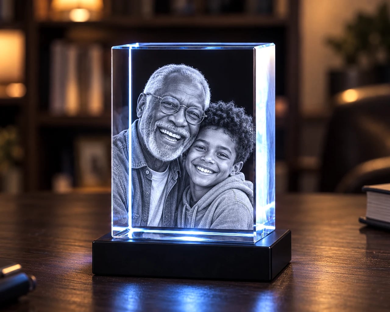Rectangle crystal with a grandfather and grandson on a home office desk