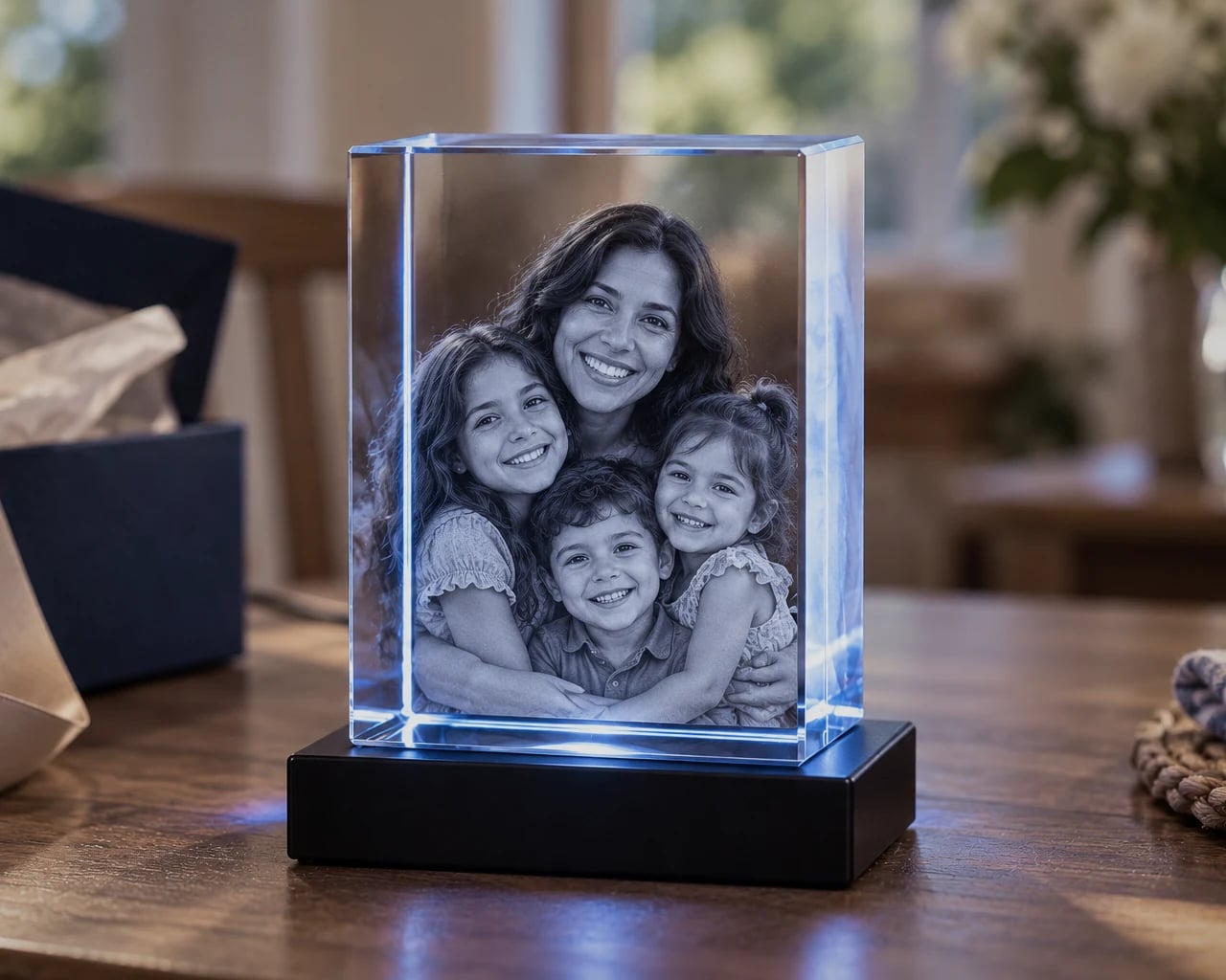 Rectangle crystal with a mother and children next to an opened gift box