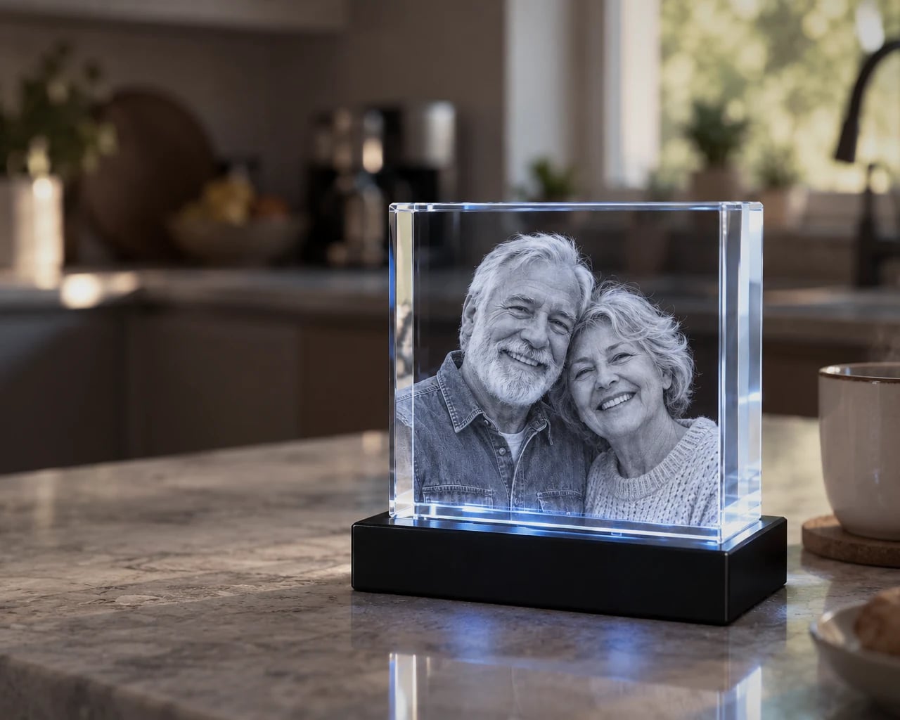 Square crystal with a couple's portrait on a kitchen island in the morning