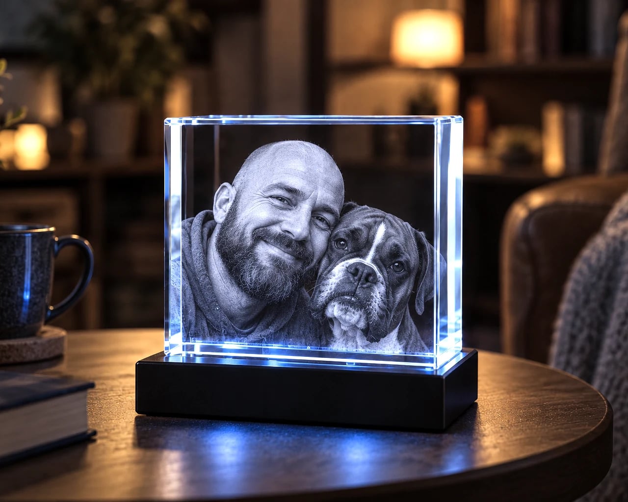 Square crystal with a man and his dog next to a reading chair at night