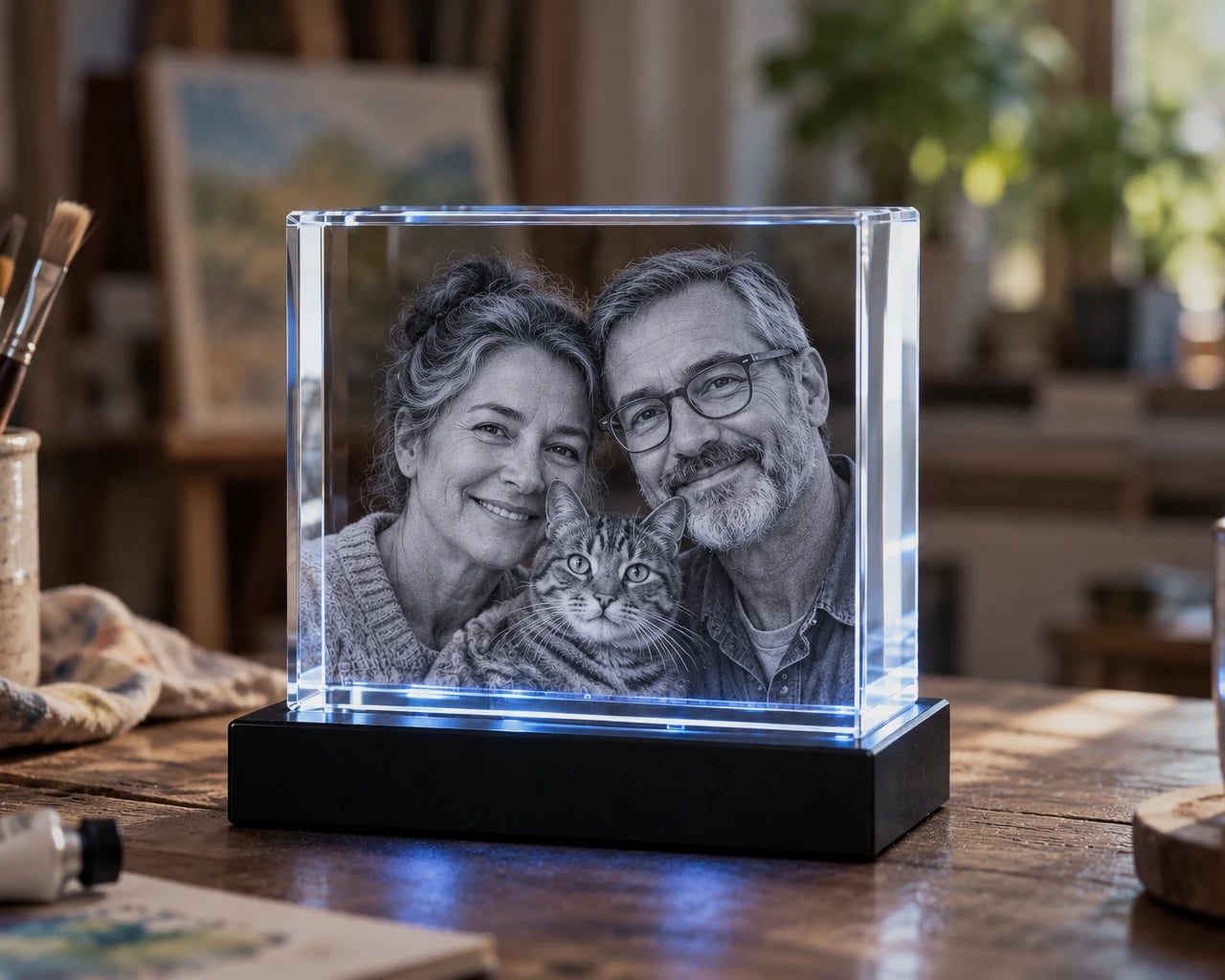 Square crystal with a couple and their cat in a home art corner